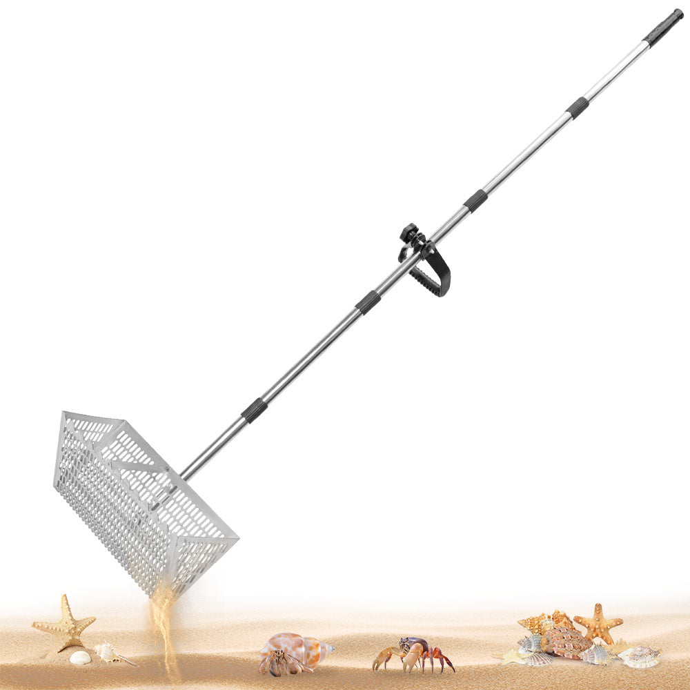 Beach Rake Stainless Steel Sand Flea Rake 140cm Long Detachable Handle and Shark Tooth Wide Sifter for Easy Sand Flea Removal with Bonus Basket and Tools