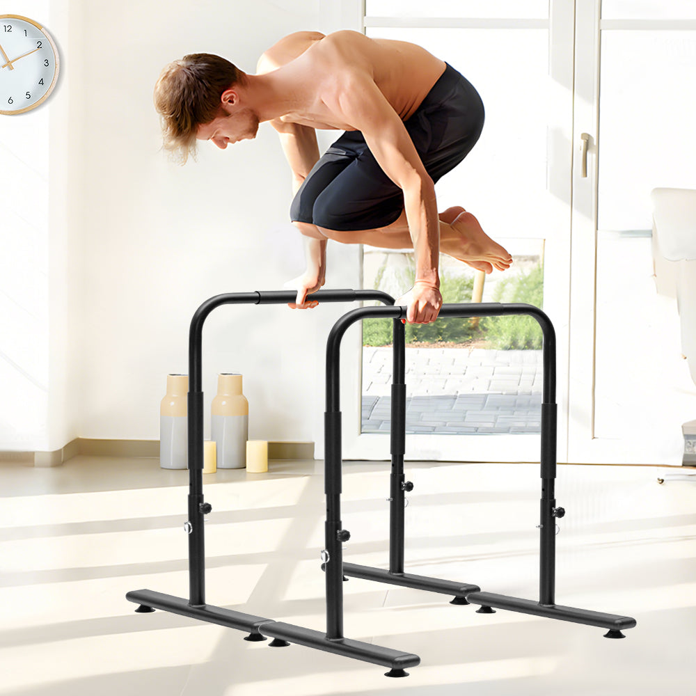 Set of 2 Functional Fitness Dip Stands Station Height Adjustable Dip Bars Portable Parallettes Calisthenics Equipment Safety for Home Gym Strength Training