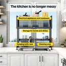 Over The Sink Dish Drying Rack Carbon Steel Dish Drainer Drying Rack 85cm Long Sink Caddy with Door and Multiple Utensils Holders Large Capacity