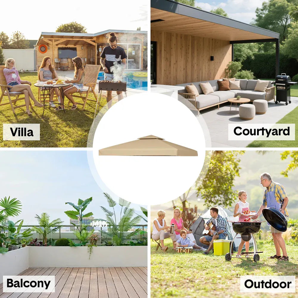 3x3m Gazebo Cover 2-Tier Canopy Replacement Outdoor Waterproof Shelter Top with Airvent and PA Coating for Garden Patio Pavilion Sun Shade Khaki