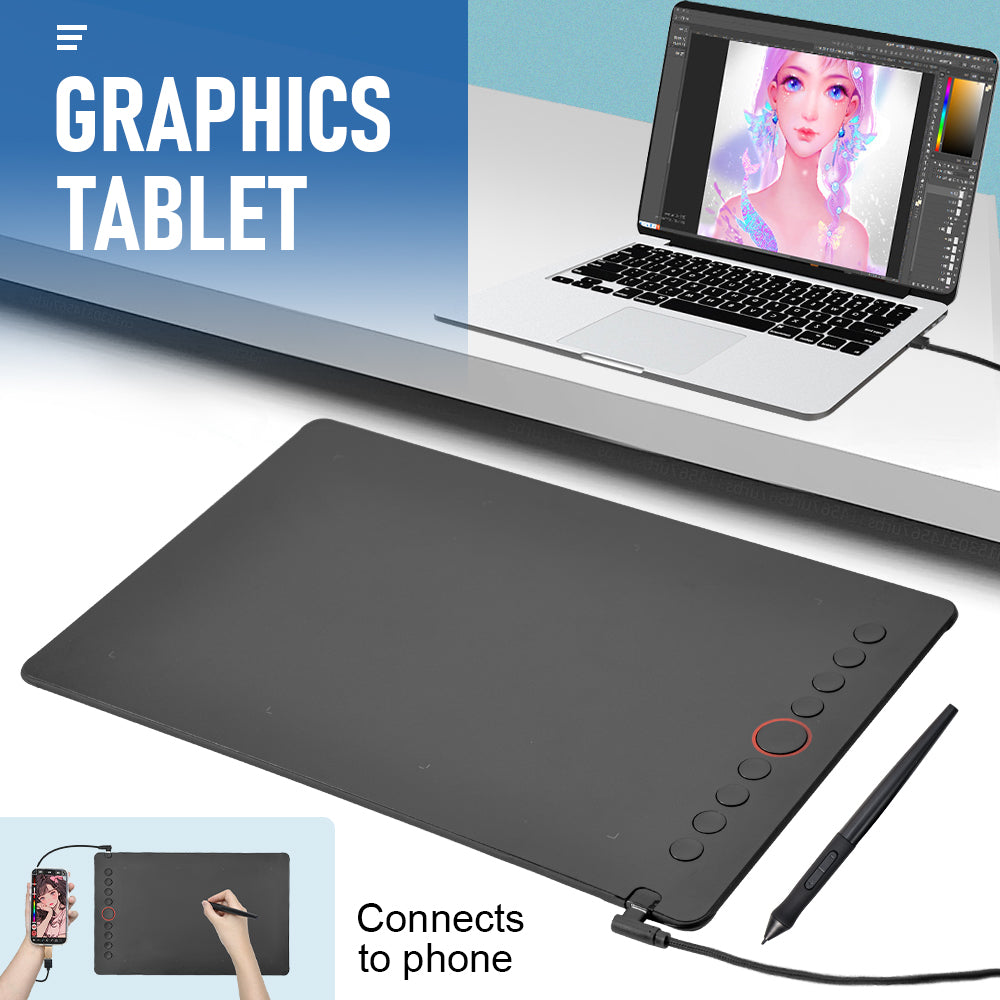 Digital Graphics Tablet Drawing Pad 8192 Levels Large Working Area 285x180mm Compatible with Win/MacOS Support PC/Mobile for Drawing Designing Teaching