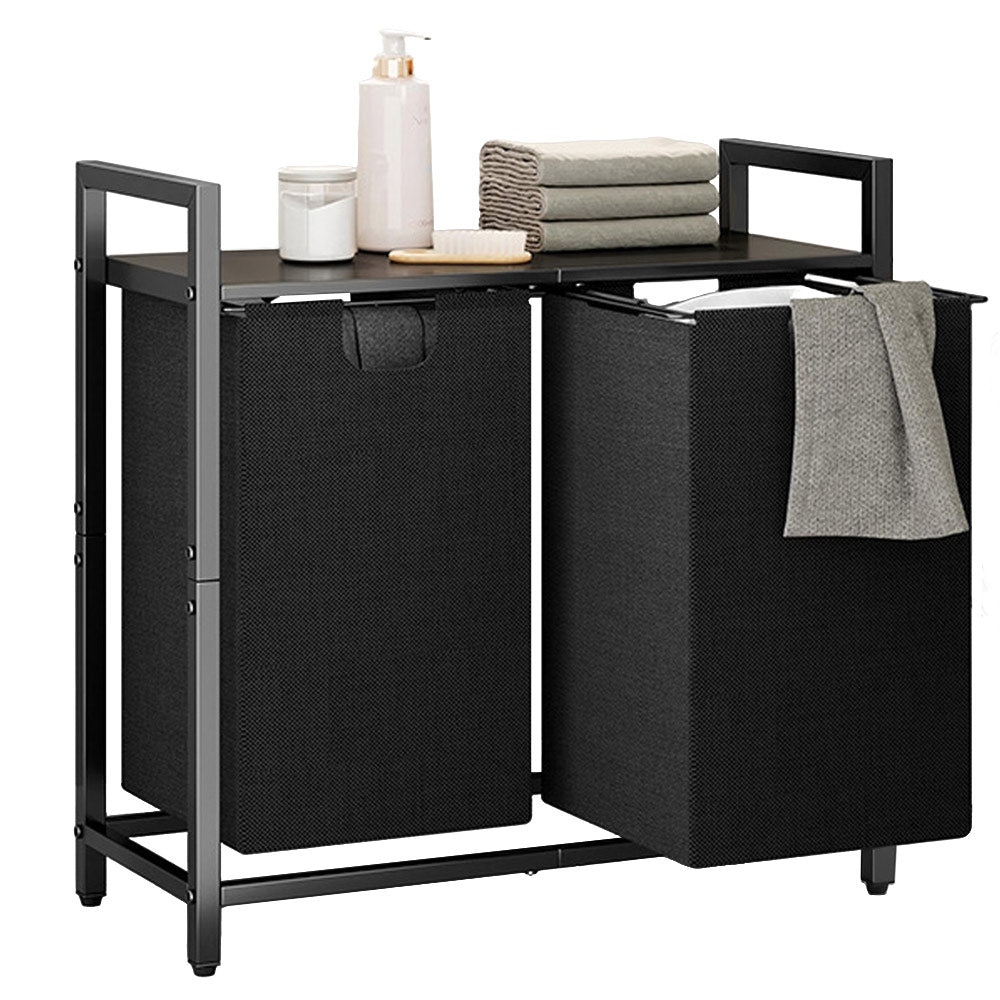 Laundry Hamper Basket Metal Laundry Organizer with MDF Shelf and 2 Waterproof Pull-Out Removable Dirty Clothes Bags for Laundry Room Bedroom Bathroom Dorm
