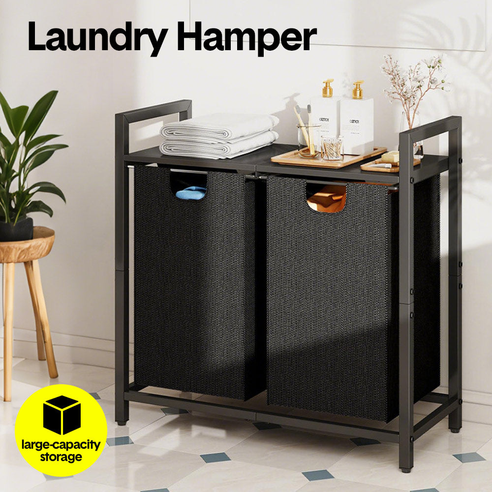 Laundry Hamper Basket Metal Laundry Organizer with MDF Shelf and 2 Waterproof Pull-Out Removable Dirty Clothes Bags for Laundry Room Bedroom Bathroom Dorm