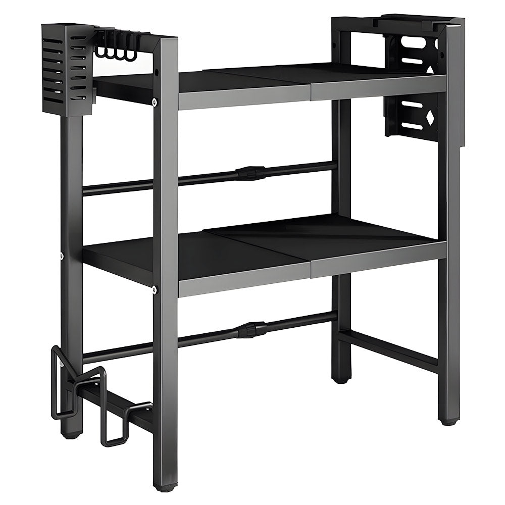3-Tier Microwave Stand Oven Rack Height Adjustable and Extendable Stainless Steel Kitchen Storage Shelf With 6 Hook Over the Kitchen Counter Max Load 75Kgs