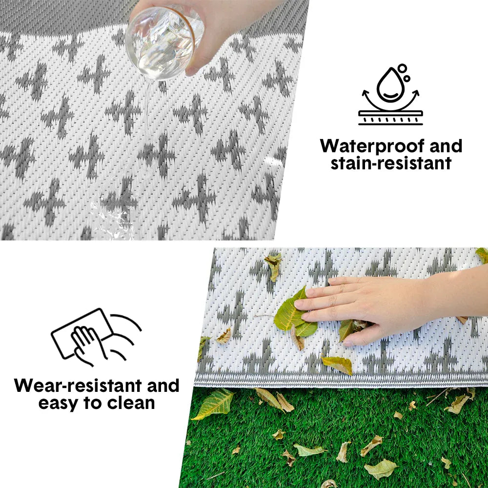 Large Outdoor Rug 275x365cm Weatherproof Plastic Weave Mat Washable Outside Solid Carpet Easy Care for Patio Deck Backyard Garden RV Camping Silver Grey