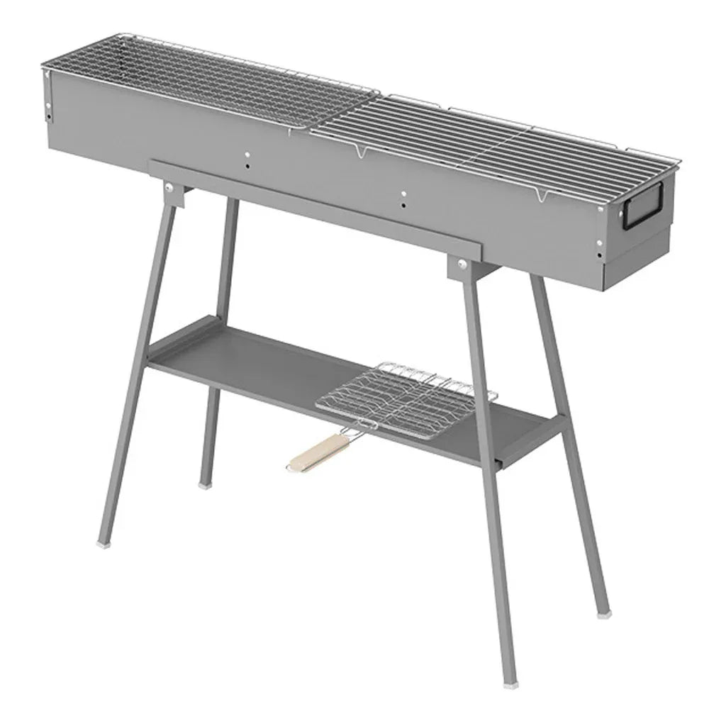 Portable Charcoal Grill Rectangular Folding Stainless Steel BBQ Grill L100xW18cm For Skewer and Kebabs with Storage Shelf Outdoor Camping Patio Cooking
