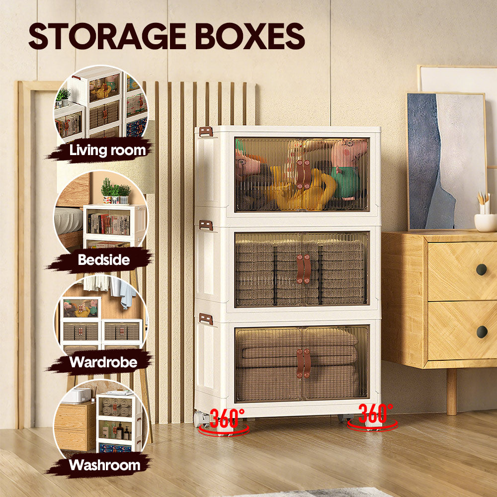 Foldable Storage Cabinet Stackable Bins Household Plastic Closet Multi-purpose Organizer Doors and Top Lid 2 Way Opening with 360 Degree Rotatable Wheels