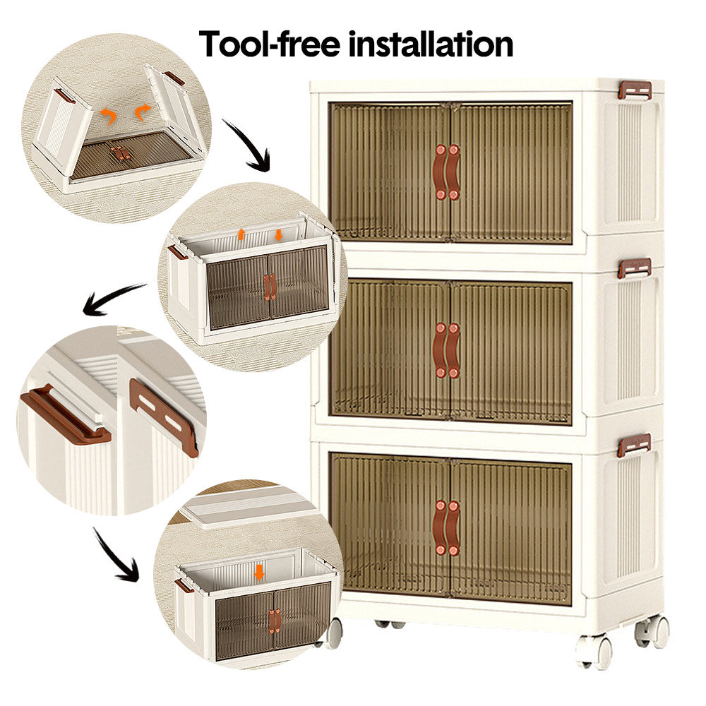 Foldable Storage Cabinet Stackable Bins Household Plastic Closet Multi-purpose Organizer Doors and Top Lid 2 Way Opening with 360 Degree Rotatable Wheels