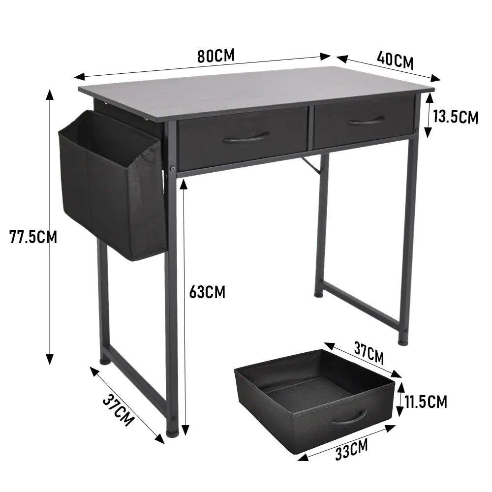 80cm Study Desk Home Office Computer Desk with 2 Fabric Drawers Side Pocket and Hook Modern Small Writing Table for Bedroom Dorm Small Spaces Black