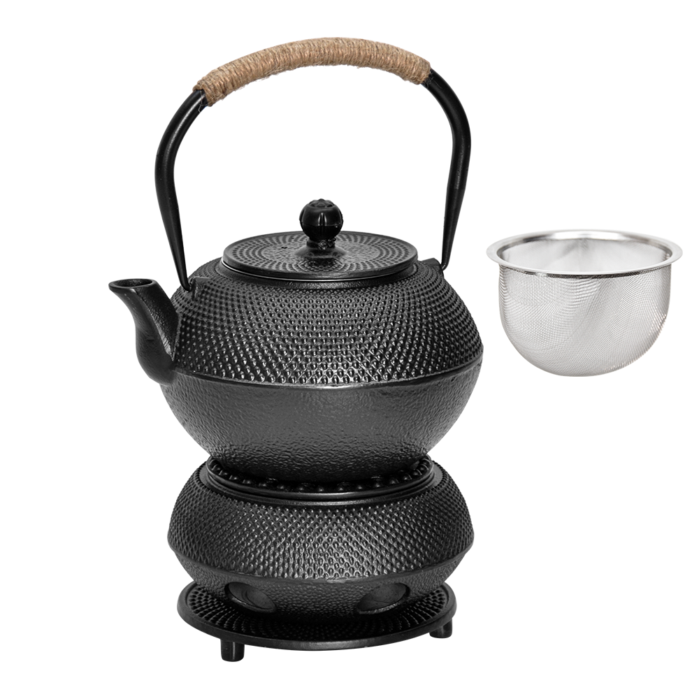 1.2L Cast Iron Teapot and Warmer Set Tea Kettle Iron Bottle With Stainless Steel Mesh Infuser and Anti-Scald Handle Compatible with Multi-Heat Source Black