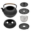 1.2L Cast Iron Teapot and Warmer Set Tea Kettle Iron Bottle With Stainless Steel Mesh Infuser and Anti-Scald Handle Compatible with Multi-Heat Source Black