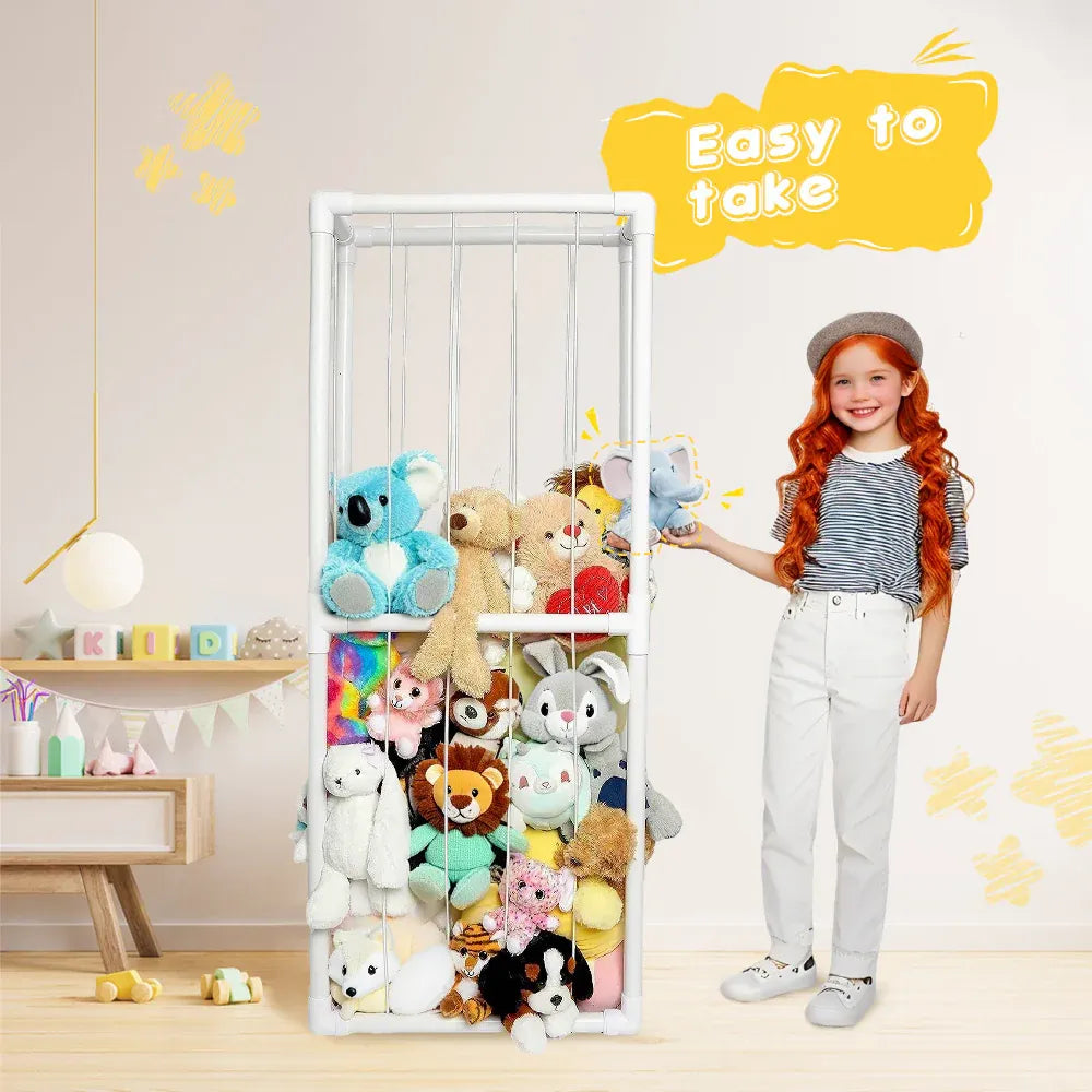 Stuffed Animal Storage Plush Toy Storage Vertical Corner Toys Display Holder Easy Accessible with Elastic Cord for Nursery Kids Room Bedroom Organization