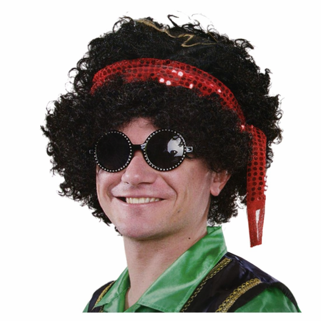 Retro Hippie Party Wig – Black Curly Afro with Red Sequin Headband