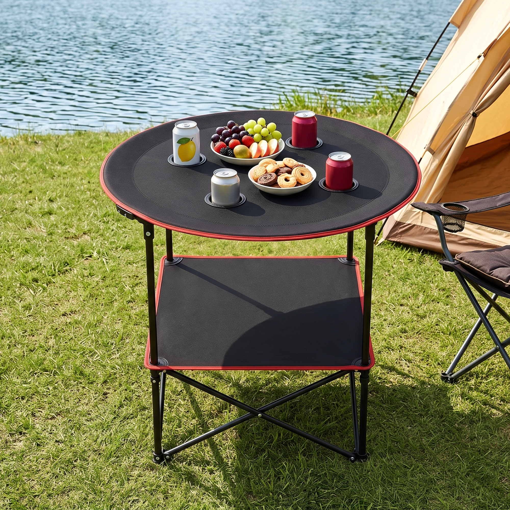 Weisshorn Folding Camping Table with 4 Cup Holders Metal Oxford 73CM Black