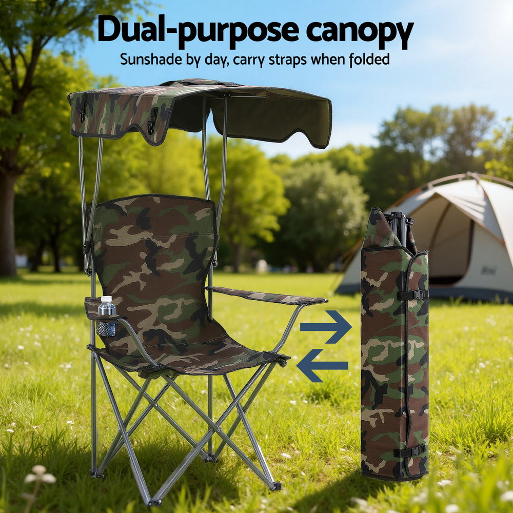 Weisshorn Camping Chair With Canopy Folding Outdoor Portable Seat Lightweight Beach Picnic Fishing Capacity 120KG Army Green