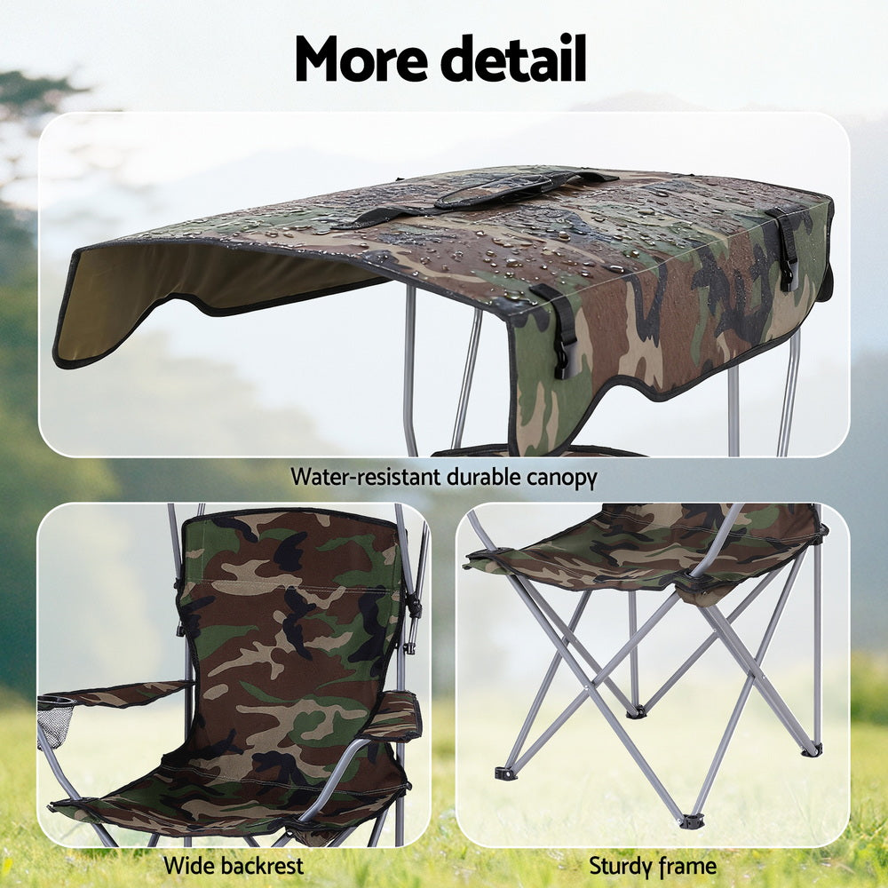 Weisshorn Camping Chair With Canopy Folding Outdoor Portable Seat Lightweight Beach Picnic Fishing Capacity 120KG Army Green