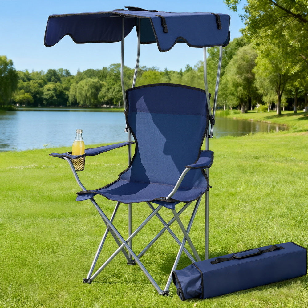 Weisshorn Camping Chair With Canopy Folding Outdoor Portable Seat Lightweight Beach Picnic Fishing Capacity 120KG Navy Blue