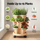 Green Fingers 3 Tier Stackable Vertical Planter Tower Strawberry Pot Wheels Beige