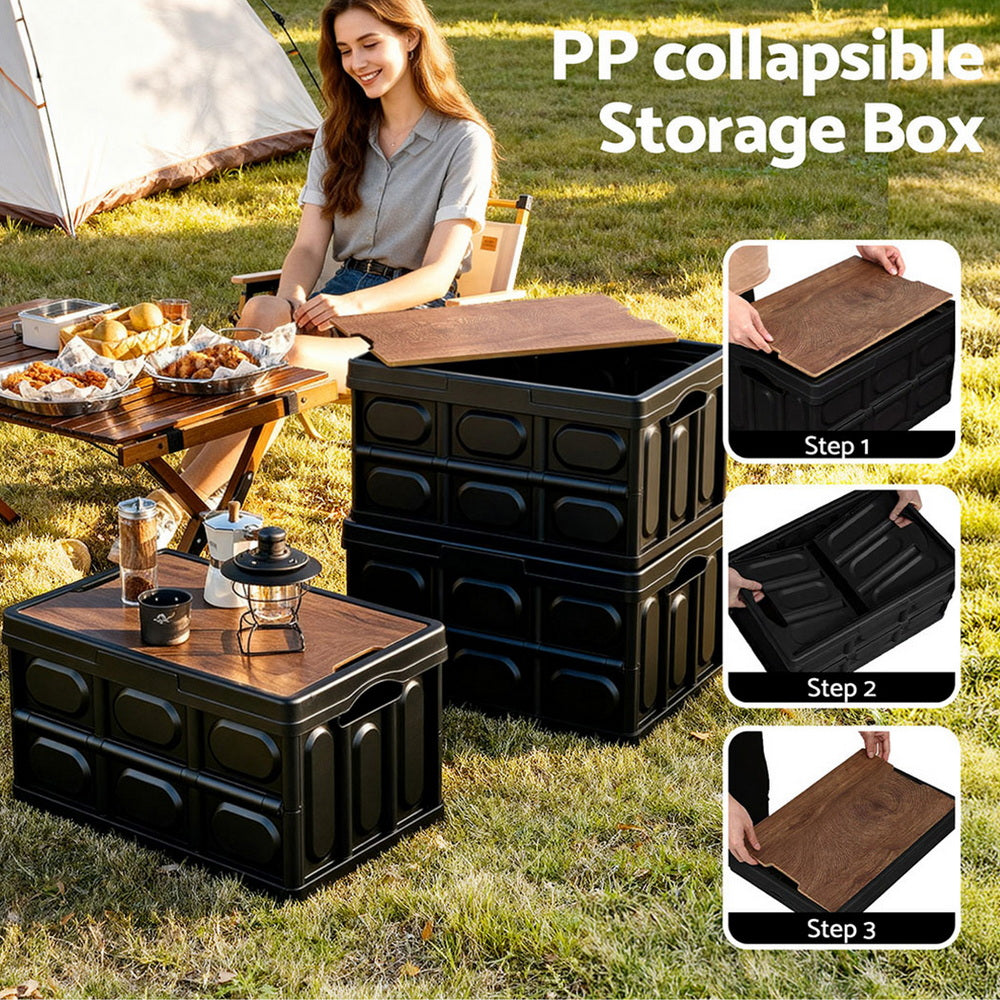 Gardeon Collapsible Outdoor Storage Box 50L Stackable Folding Camping Organizer Plywood Lid Black