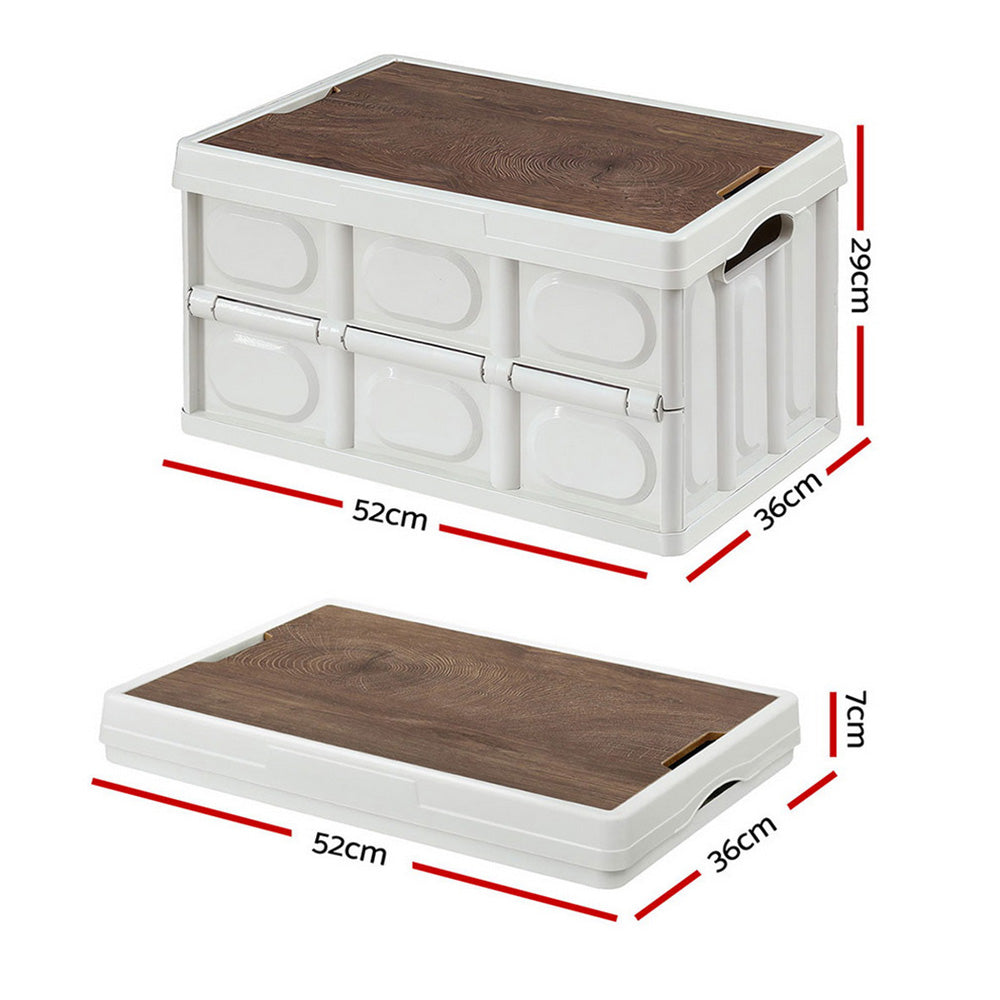 Gardeon Collapsible Outdoor Storage Box 50L Stackable Folding Camping Organizer Plywood Lid Beige