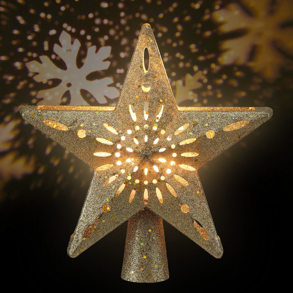 Jingle Jollys Christmas Tree Topper Star Snowflake Projector Party Glitter Gold