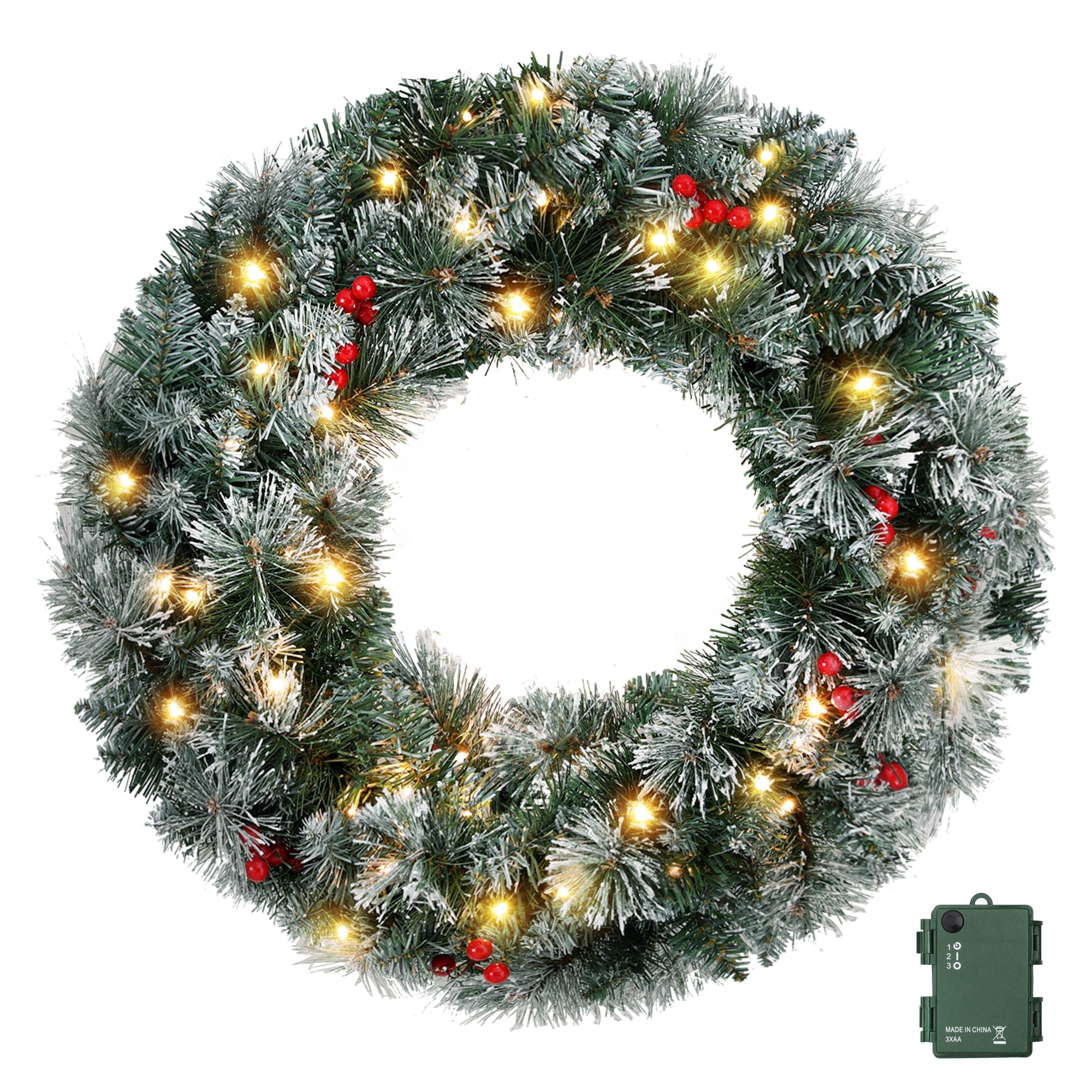 Jingle Jollys 60cm Christmas Wreath LED Lights Snowy Berries Garland Party Decor
