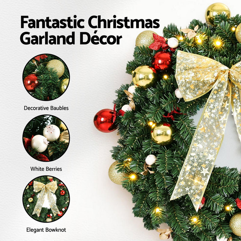 Jingle Jollys Christmas Wreath 60CM LED Garland Berries Bow Baubles Xmas Decor