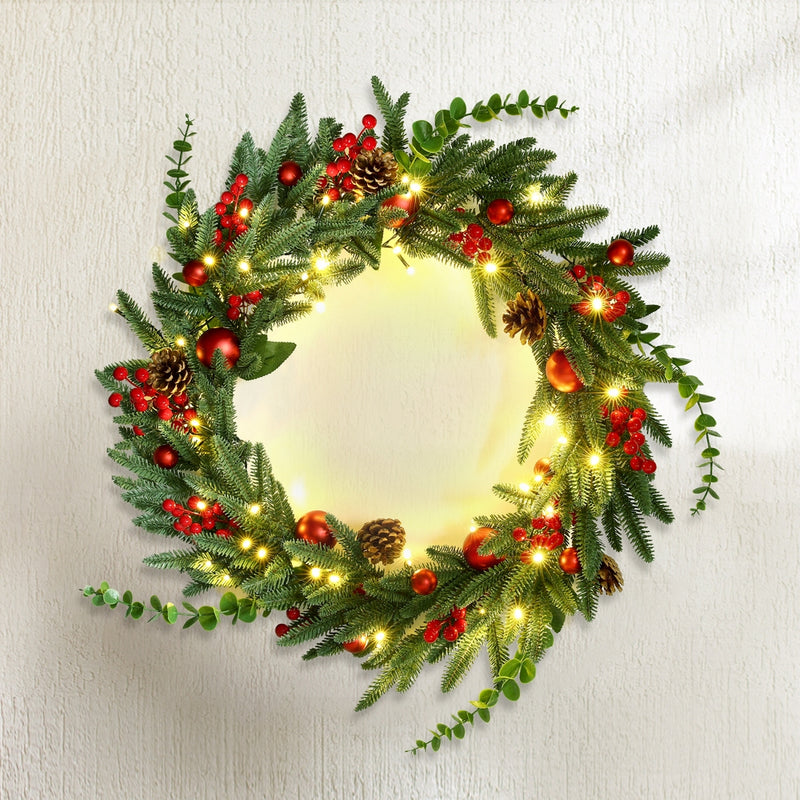 Jingle Jollys Christmas Wreath 60CM LED Garland Berries Pine Cones Party Decor
