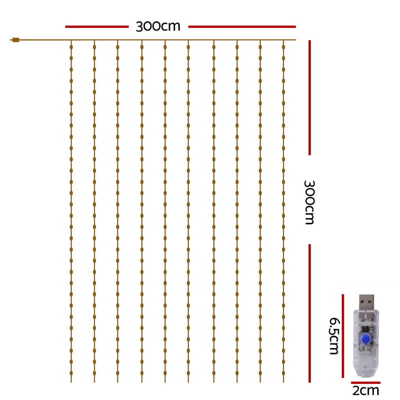 Jingle Jollys 3X3M Christmas Lights Curtain String Light 300 LED Warm White