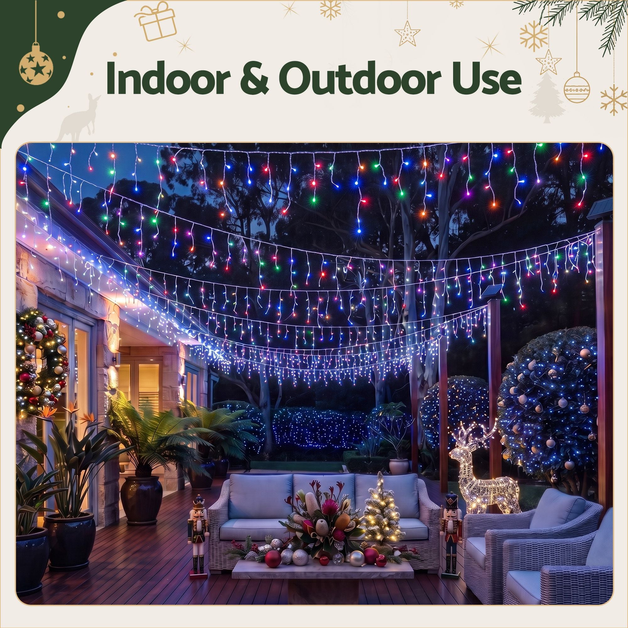 Jingle Jollys 12.5M Solar Christmas Lights Icicle String Light Multi Colour