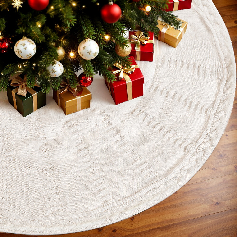 Jingle Jollys Christmas Tree Skirt 90cm Knitted Fabric Xmas Ornament Decor Beige