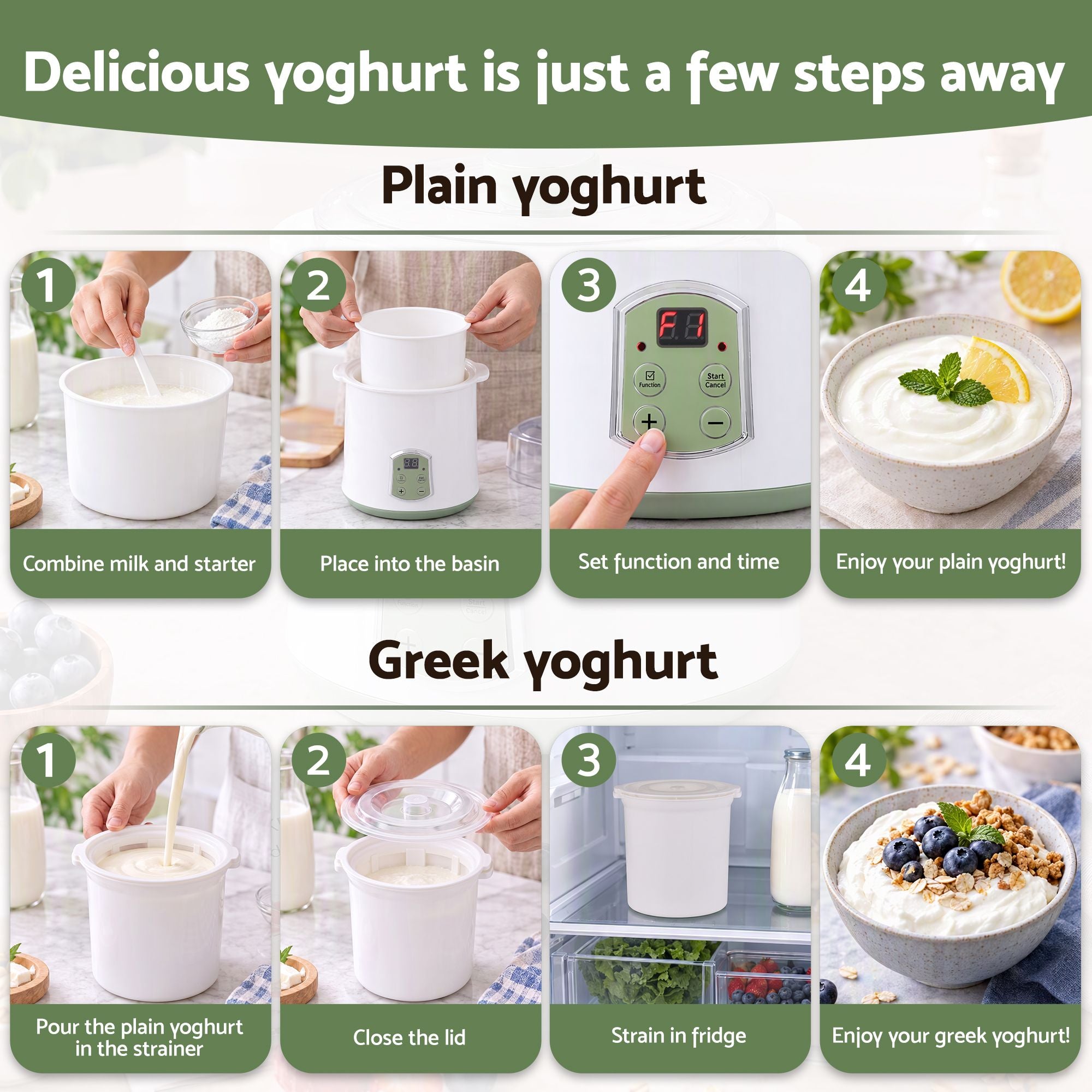 Devanti 2-in-1 Yoghurt Maker and Fermenter 2L with Greek Yoghurt Strainer Soft Cheese Machine