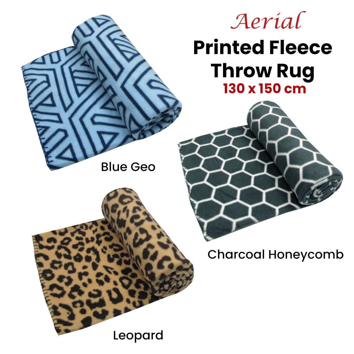 Aerial Printed Fleece Throw Rug 130 x 150 cm Blue Geo - NuSea