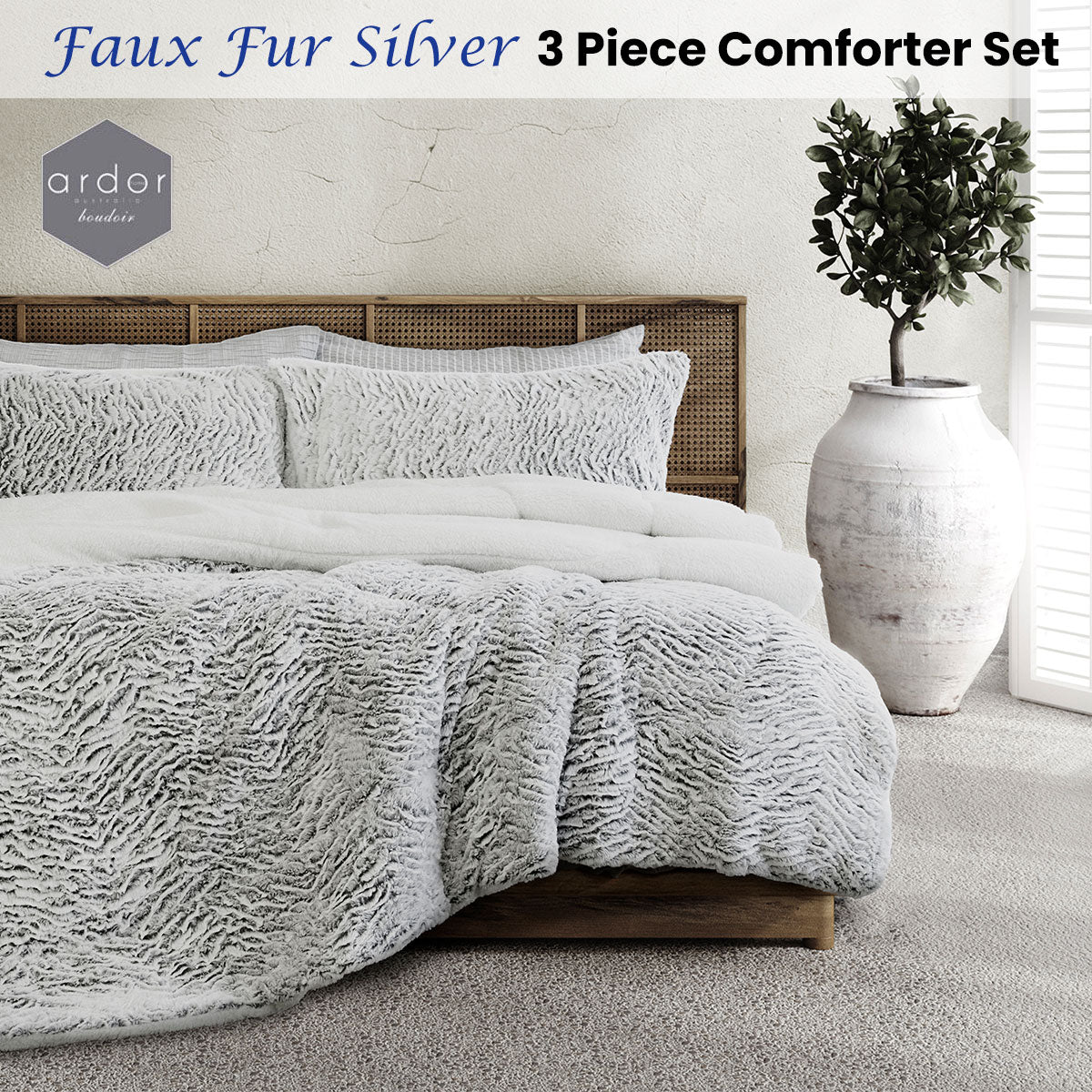 Ardor Faux Fur Silver 3 Piece Comforter Set Queen/King - NuSea