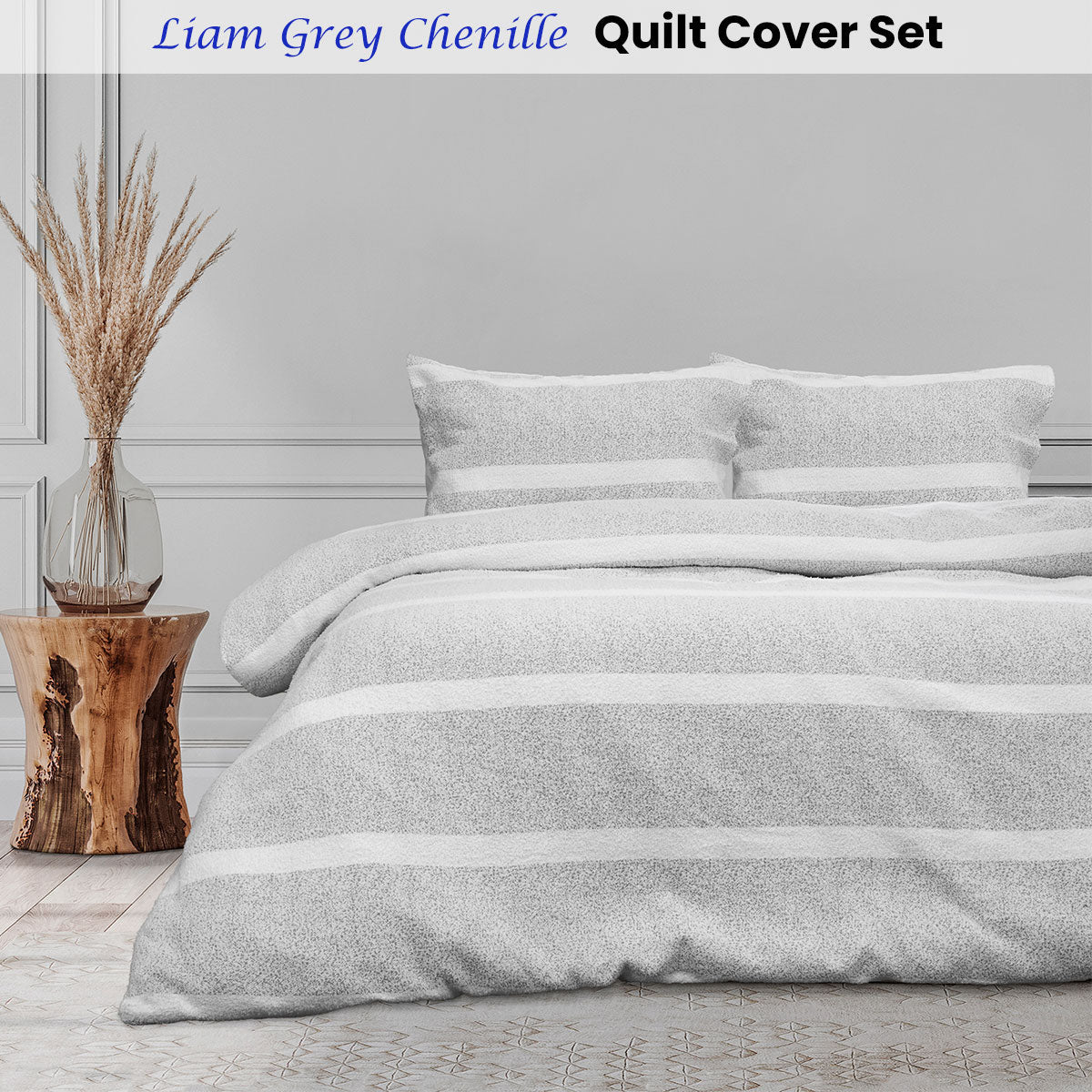 Ardor Liam Chenille Textured Grey Quilt Cover Set Queen - NuSea