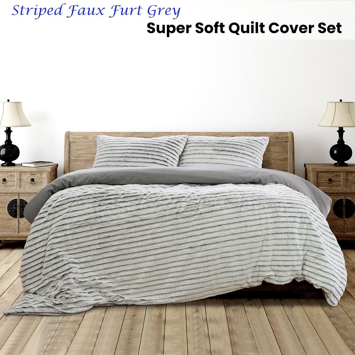Ardor Striped Faux Fur Grey Super Soft Quilt Cover Set King - NuSea