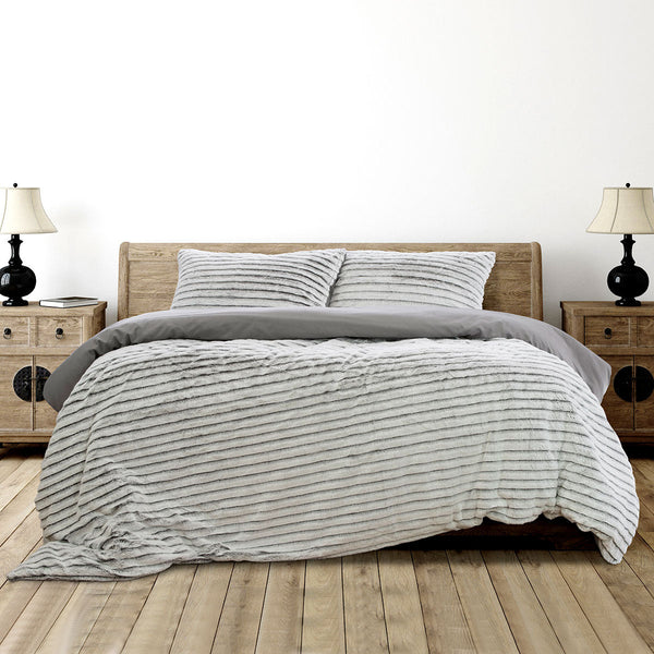 Ardor Striped Faux Fur Grey Super Soft Quilt Cover Set Queen - NuSea