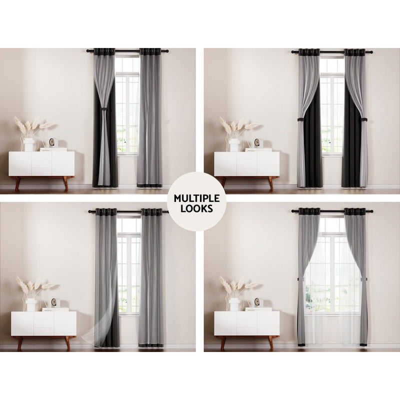 Artiss 2X 132x274cm Blockout Sheer Curtains Black - NuSea