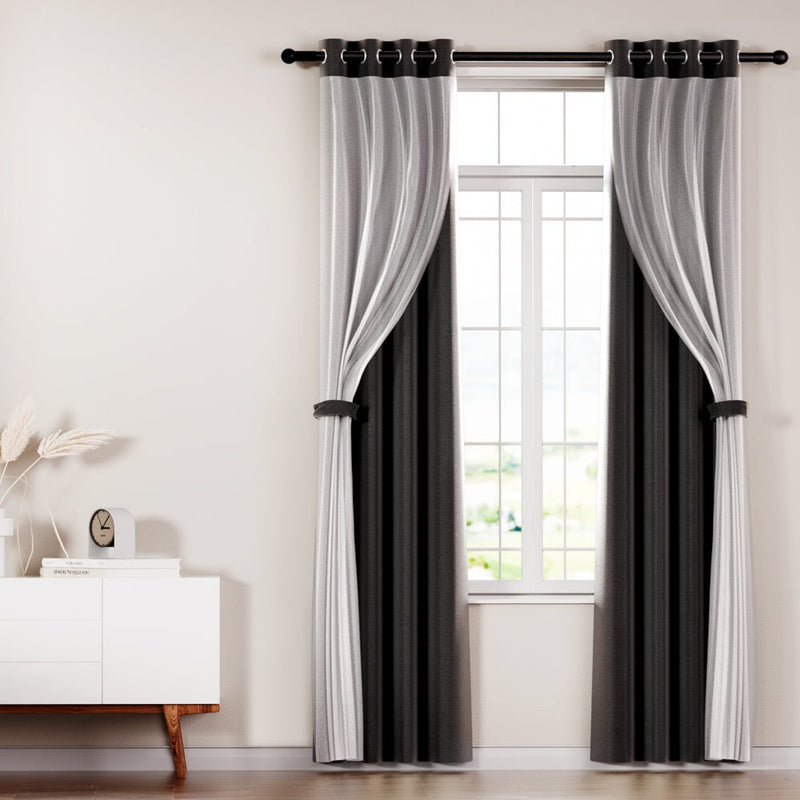 Artiss 2X 132x304cm Blockout Sheer Curtains Black - NuSea