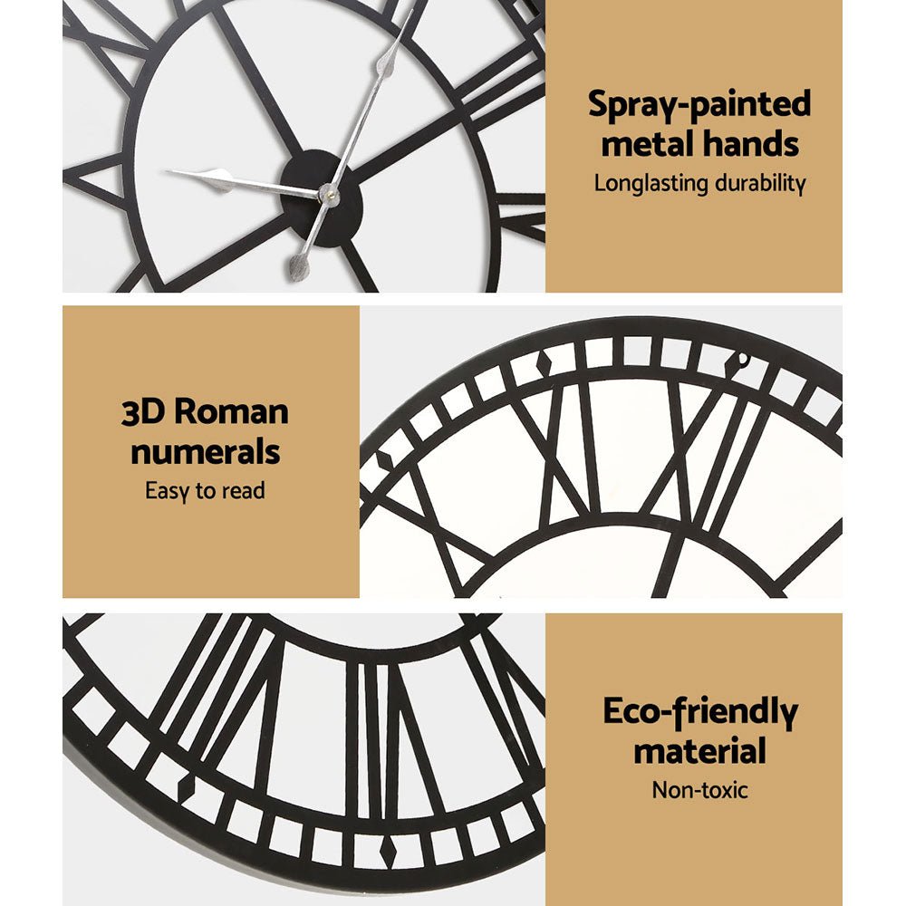 Artiss 60cm Wall Clock Large Roman Numerals Metal Black - NuSea