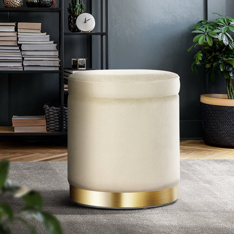 Artiss Ottoman Storage Foot Stool Round Velvet Cream - NuSea