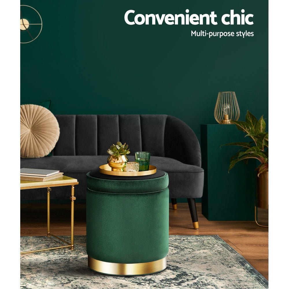 Artiss Ottoman Storage Foot Stool Round Velvet Green - NuSea