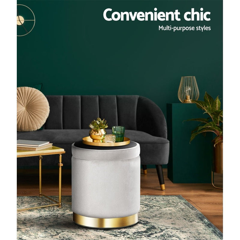 Artiss Ottoman Storage Foot Stool Round Velvet Grey - NuSea