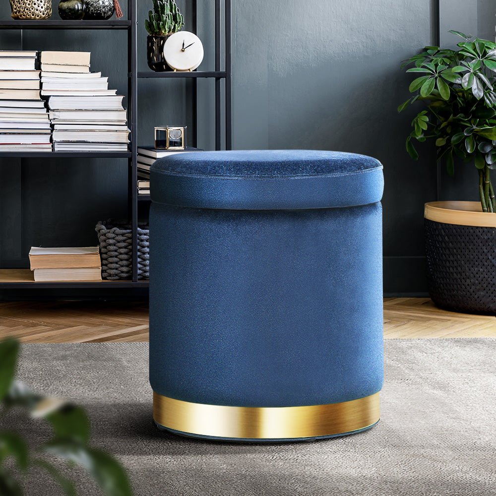 Artiss Ottoman Storage Foot Stool Round Velvet Navy - NuSea
