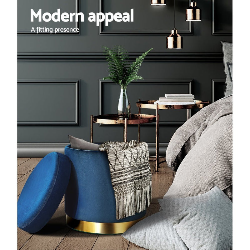 Artiss Ottoman Storage Foot Stool Round Velvet Navy - NuSea