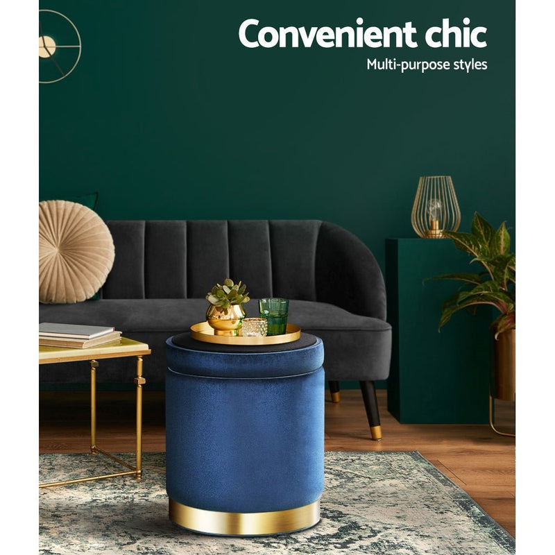 Artiss Ottoman Storage Foot Stool Round Velvet Navy - NuSea