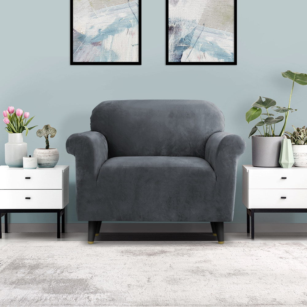 Artiss Sofa Cover Couch Covers 1 Seater Velvet Grey - NuSea