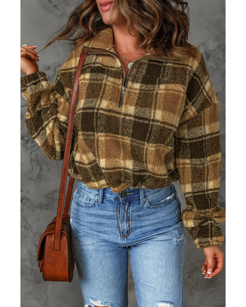 Azura Exchange Plaid Pattern Fleece Sweatshirt with Zip Collar - XL - NuSea