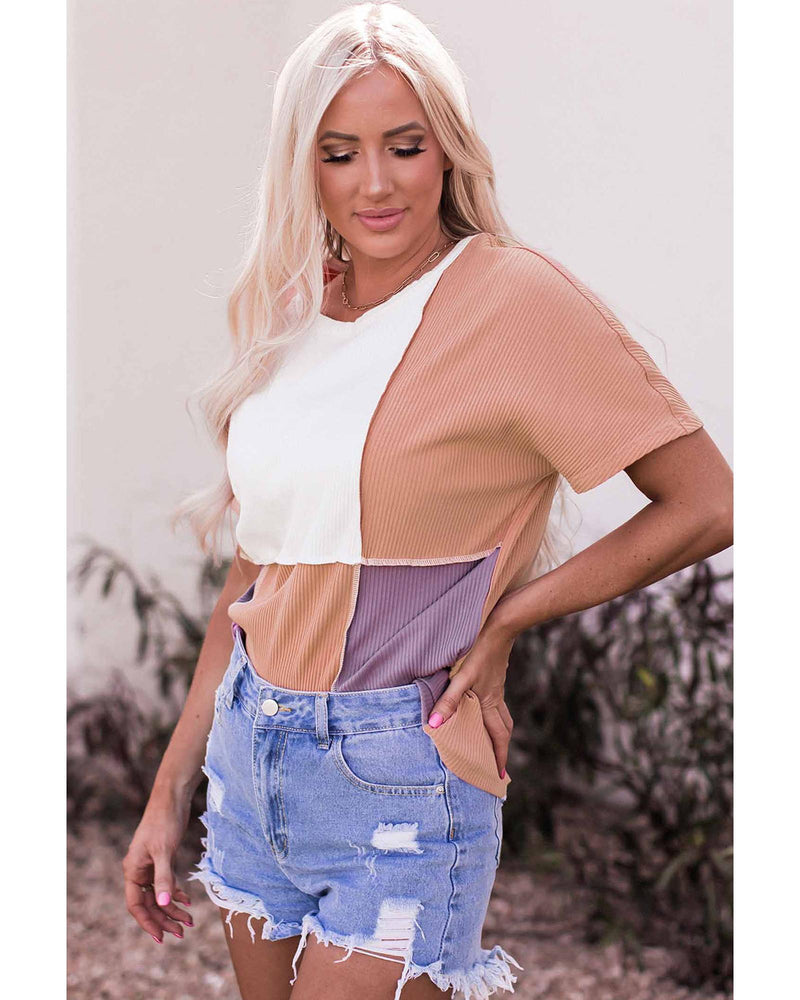 Azura Exchange Short Sleeve Rib Knit Top with Colorblock Stitching - M - NuSea