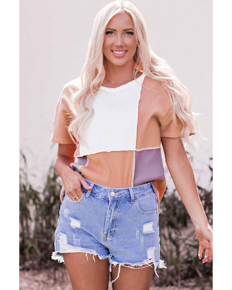 Azura Exchange Short Sleeve Rib Knit Top with Colorblock Stitching - S - NuSea